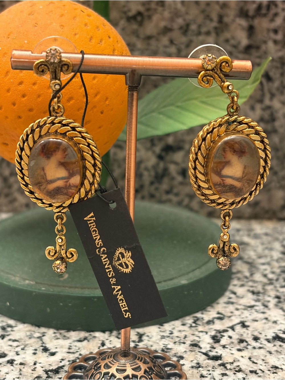 VSA Vintage-Inspired Gold Earrings with Cameo Design - New